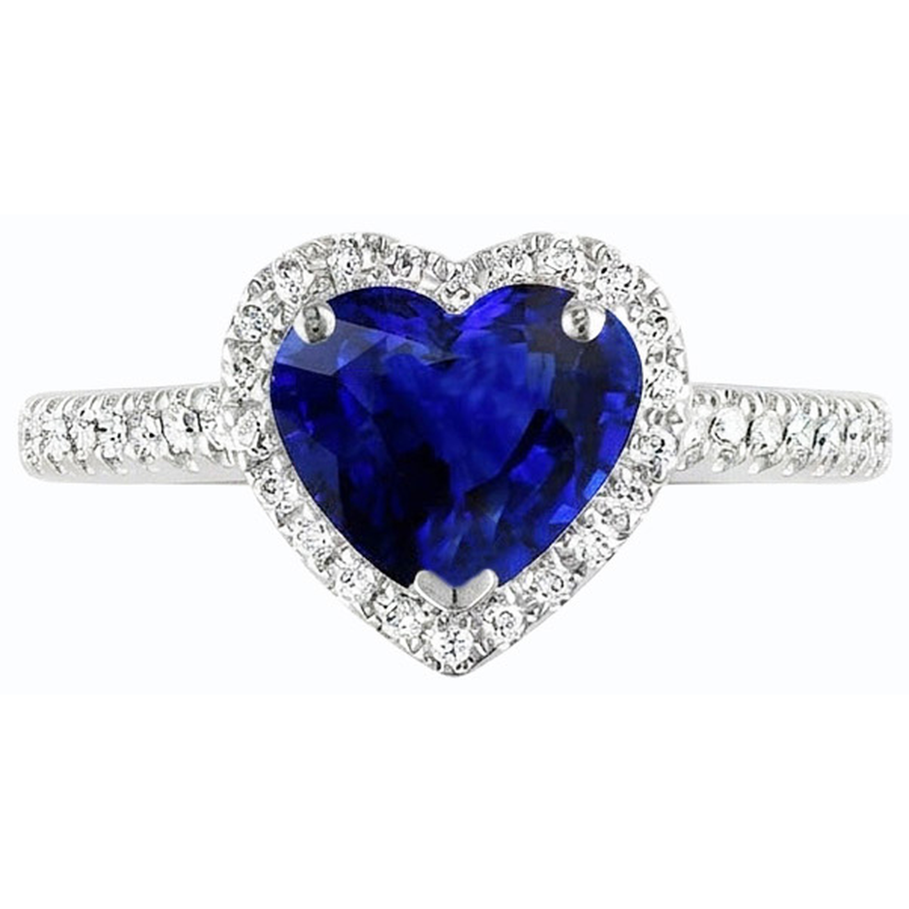 Gold Halo Heart Srilanka Sapphire Ring & Pave Set Natural Earth Mined Diamonds 3.50 Carats