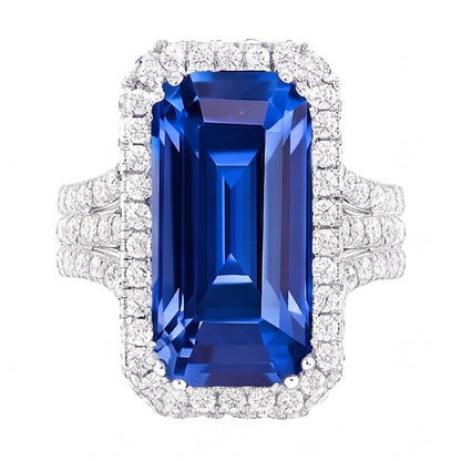 Gold Halo Natural Earth Mined Diamond Emerald Cut Ceylon Sapphire Gemstone Ring 6 Carats