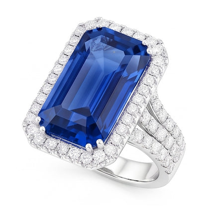 Gold Halo Natural Earth Mined Diamond Emerald Cut Ceylon Sapphire Gemstone Ring 6 Carats
