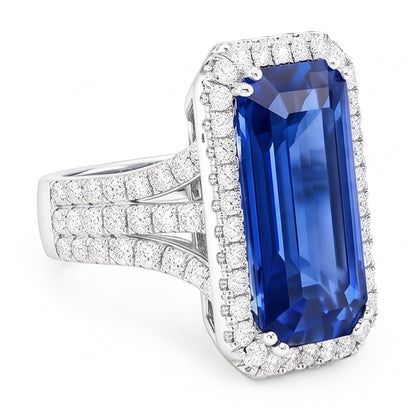 Gold Halo Natural Earth Mined Diamond Emerald Cut Ceylon Sapphire Gemstone Ring 6 Carats