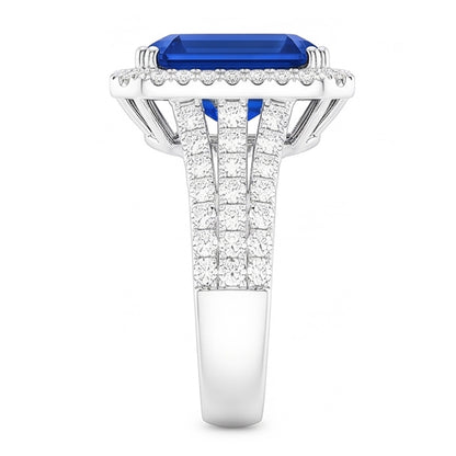 Gold Halo Natural Earth Mined Diamond Emerald Cut Ceylon Sapphire Gemstone Ring 6 Carats