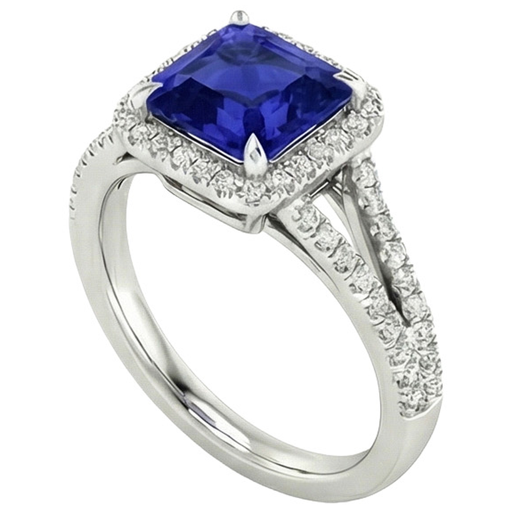 Gold Halo Natural Earth Mined Diamond Engagement Ring 3.25 Carats Asscher Blue Sapphire