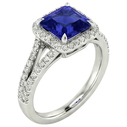 Gold Halo Natural Earth Mined Diamond Engagement Ring 3.25 Carats Asscher Blue Sapphire