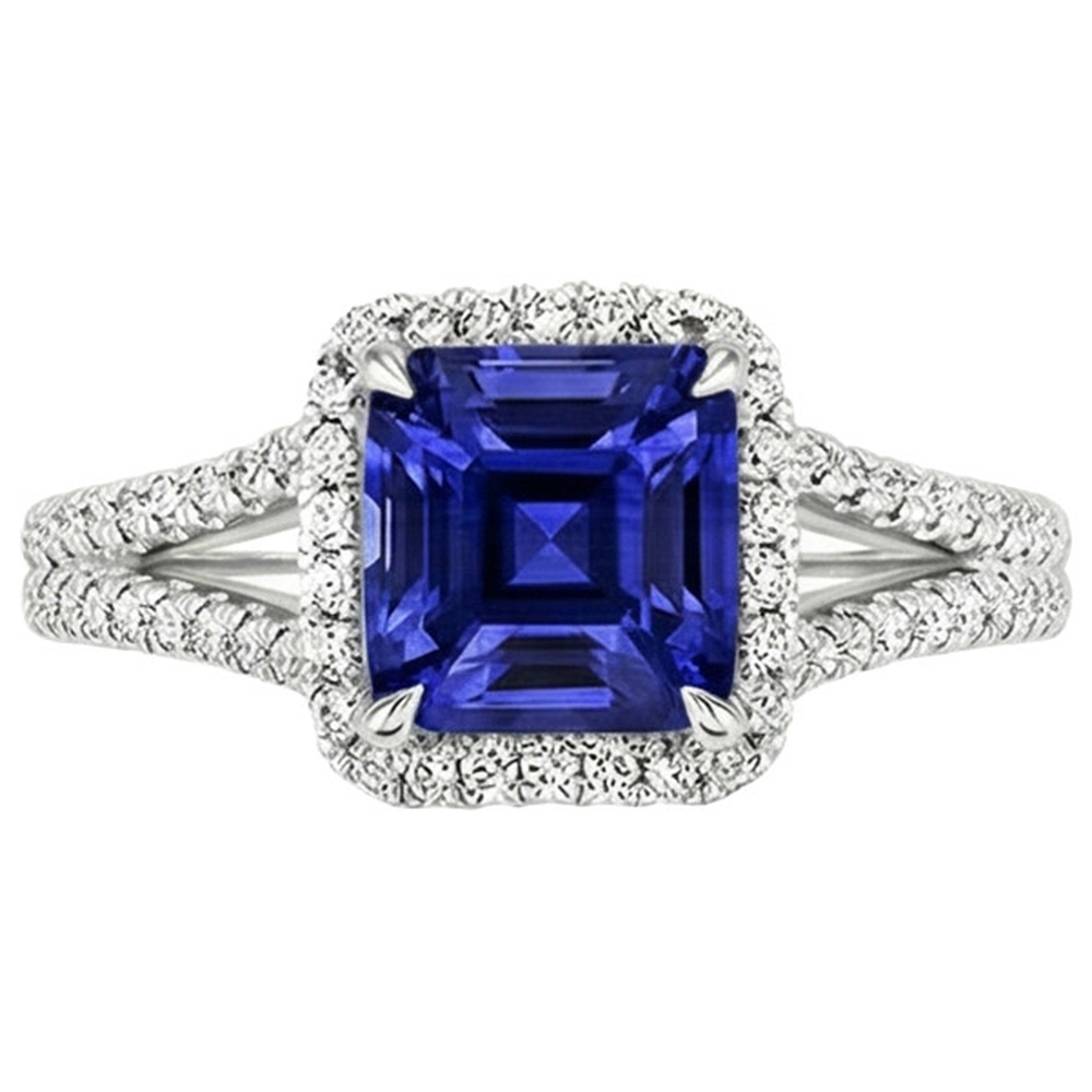 Gold Halo Natural Earth Mined Diamond Engagement Ring 3.25 Carats Asscher Blue Sapphire