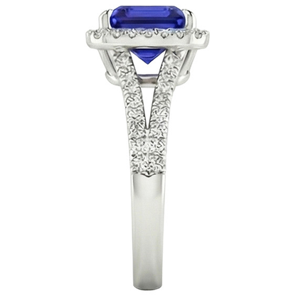 Gold Halo Natural Earth Mined Diamond Engagement Ring 3.25 Carats Asscher Blue Sapphire