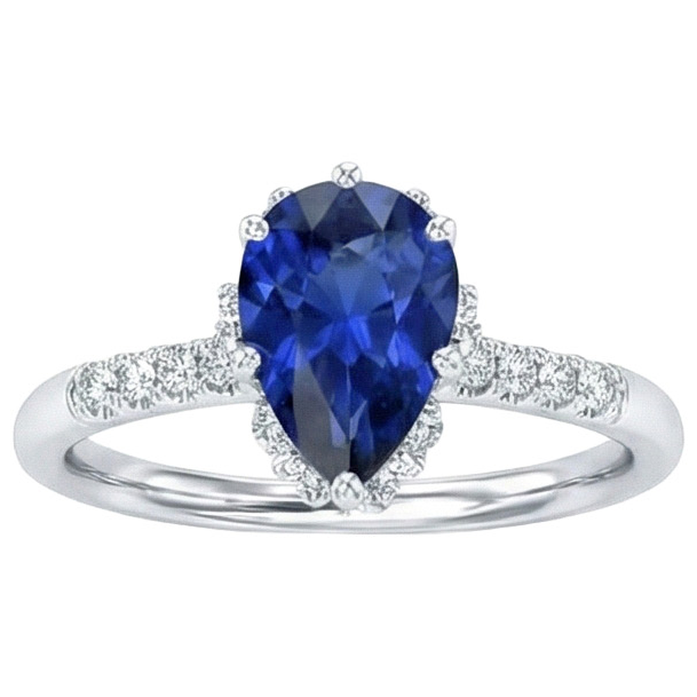 Gold Halo Natural Earth Mined Diamond Jewelry Pear Blue Sapphire Gemstone Ring 3.50 Carats