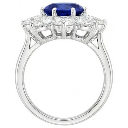 Gold Halo Natural Earth Mined Diamond Ring Blue Round Sapphire Flower Style 4.50 Carats