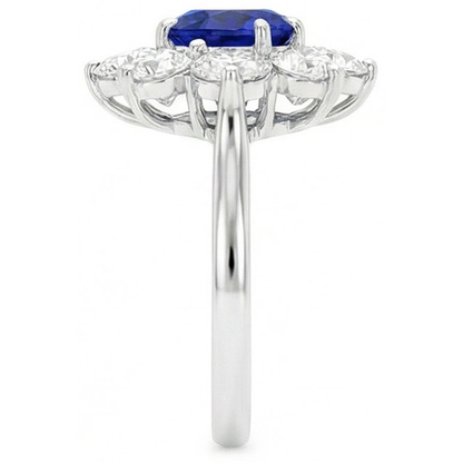 Gold Halo Natural Earth Mined Diamond Ring Blue Round Sapphire Flower Style 4.50 Carats