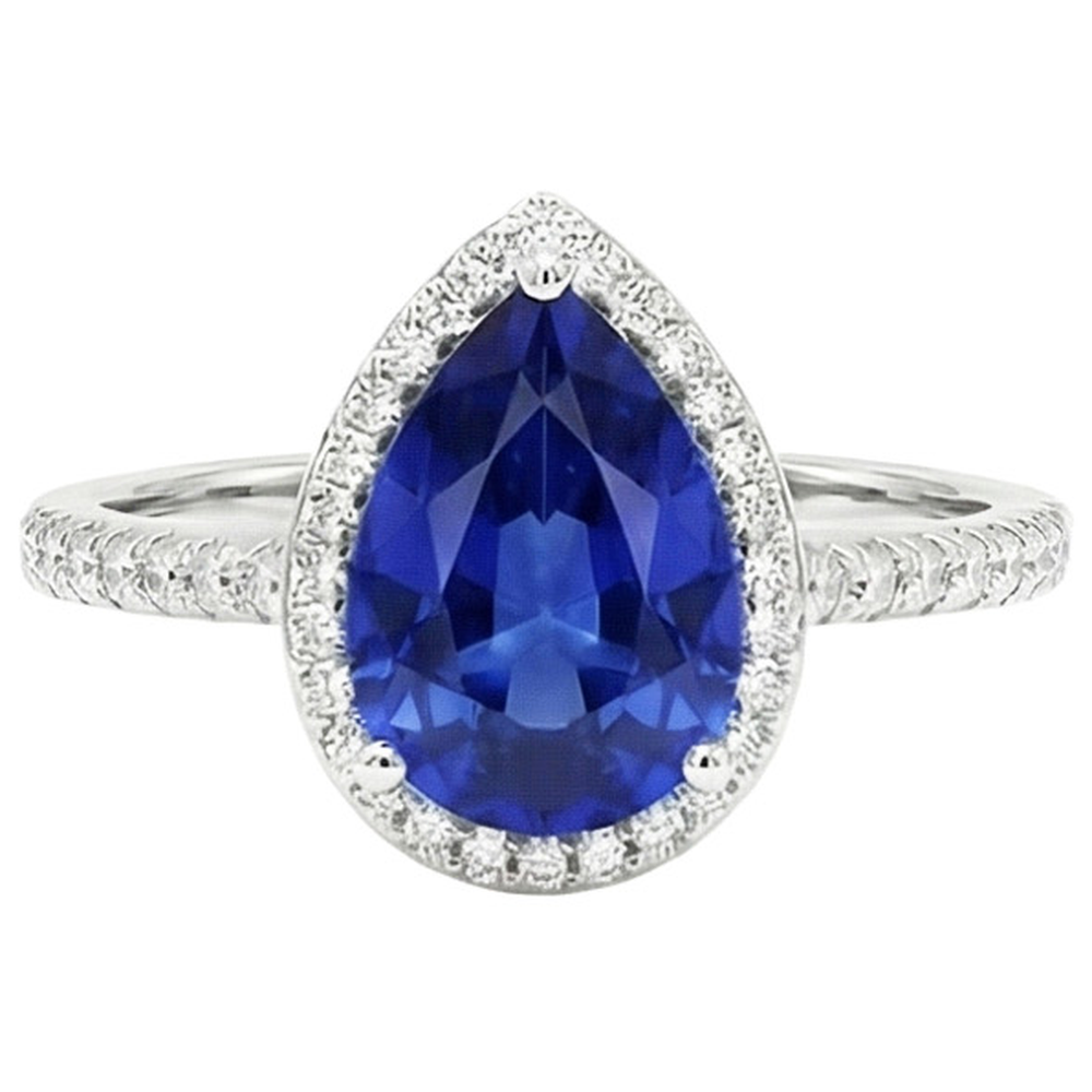 Gold Halo Pave Set Natural Earth Mined Diamond Engagement Ring Blue Sapphire 4 Carats