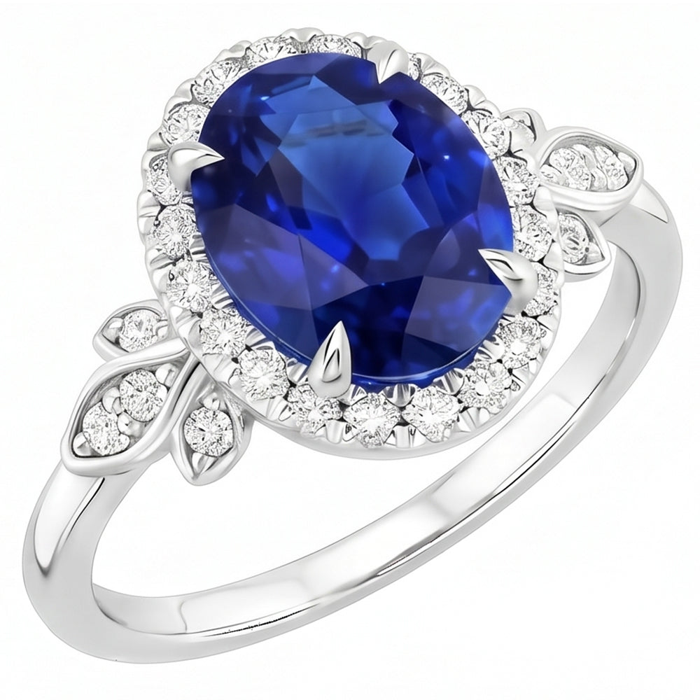 Gold Halo Ring Floral Style Sri Lankan Sapphire & Natural Earth Mined Diamonds 3.50 Carats