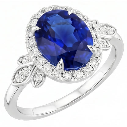 Gold Halo Ring Floral Style Sri Lankan Sapphire & Natural Earth Mined Diamonds 3.50 Carats
