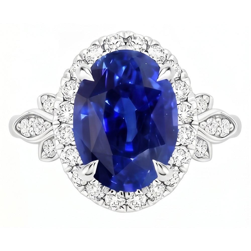 Gold Halo Ring Floral Style Sri Lankan Sapphire & Natural Earth Mined Diamonds 3.50 Carats