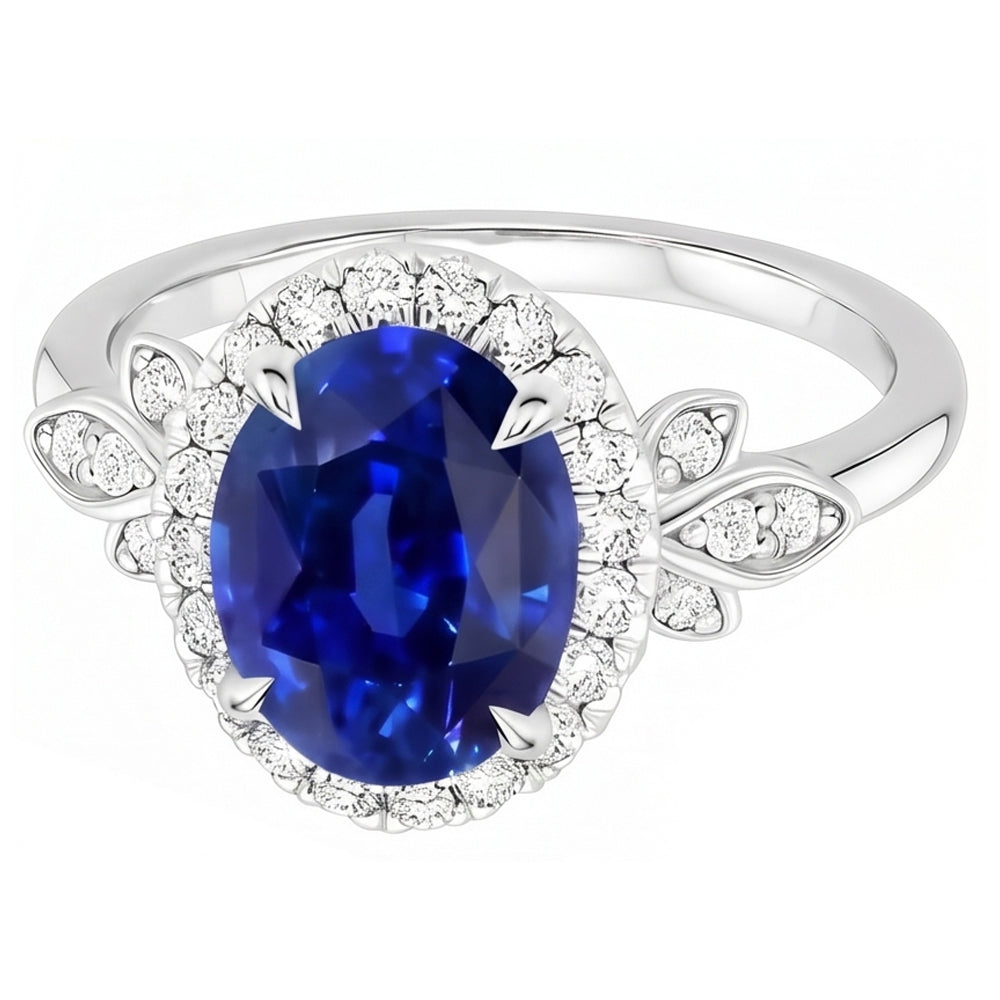 Gold Halo Ring Floral Style Sri Lankan Sapphire & Natural Earth Mined Diamonds 3.50 Carats