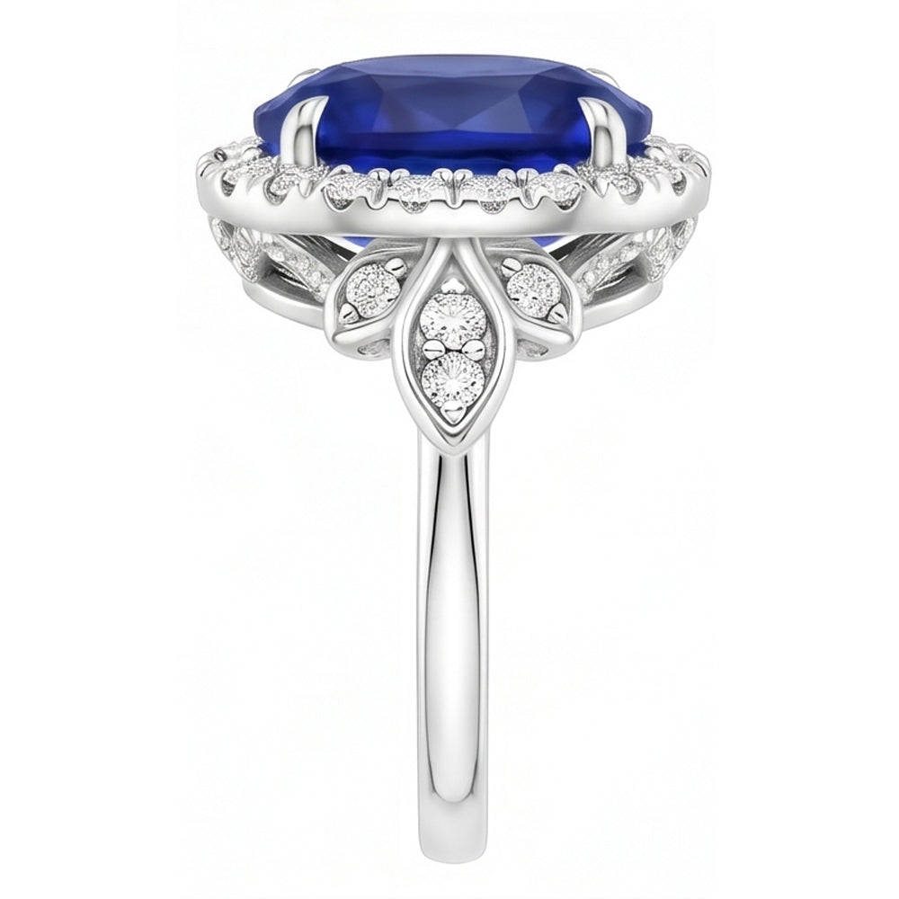 Gold Halo Ring Floral Style Sri Lankan Sapphire & Natural Earth Mined Diamonds 3.50 Carats