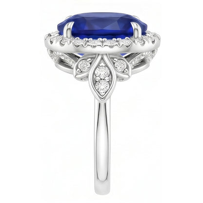 Gold Halo Ring Floral Style Sri Lankan Sapphire & Natural Earth Mined Diamonds 3.50 Carats
