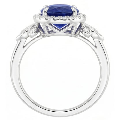 Gold Halo Ring Floral Style Sri Lankan Sapphire & Natural Earth Mined Diamonds 3.50 Carats
