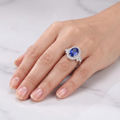 Gold Halo Ring Floral Style Sri Lankan Sapphire & Natural Earth Mined Diamonds 3.50 Carats