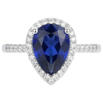 Gold Halo Ring Pear Ceylon Sapphire & Pave Set Natural Earth Mined Diamonds 3.75 Carats