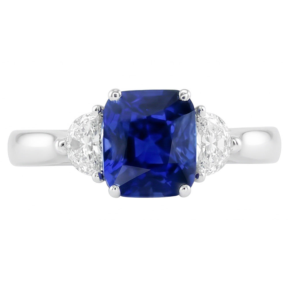 Gold Halo Wedding Ring Cushion Sapphire & Half Moon Natural Earth Mined Diamond 3 Carats