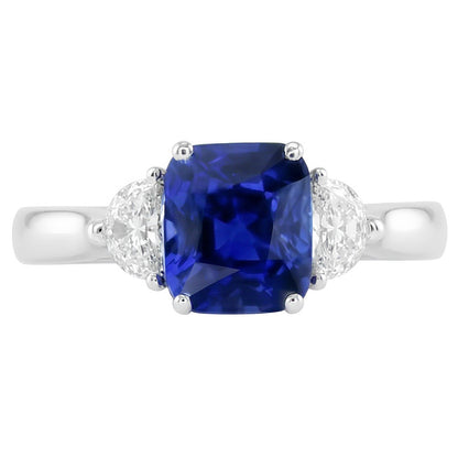 Gold Halo Wedding Ring Cushion Sapphire & Half Moon Natural Earth Mined Diamond 3 Carats