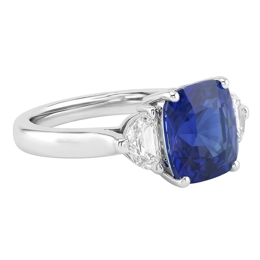 Gold Halo Wedding Ring Cushion Sapphire & Half Moon Natural Earth Mined Diamond 3 Carats