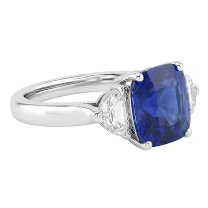 Gold Halo Wedding Ring Cushion Sapphire & Half Moon Natural Earth Mined Diamond 3 Carats