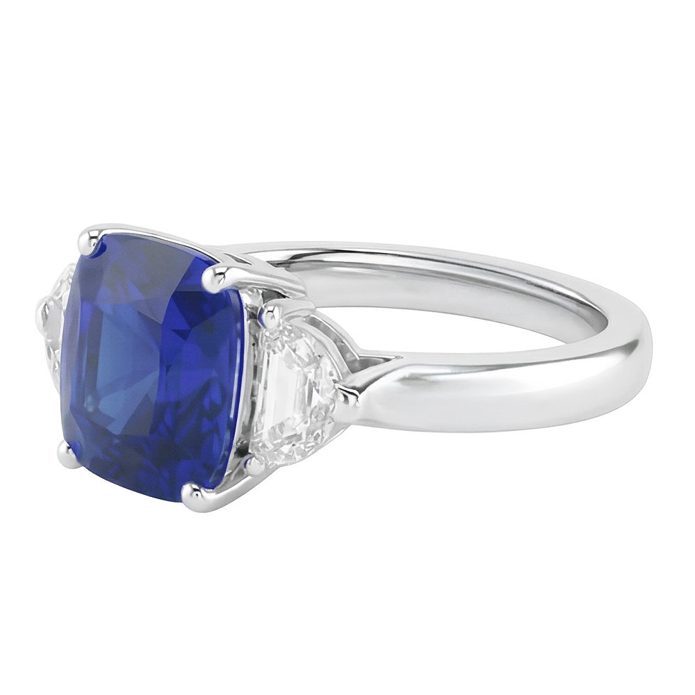 Gold Halo Wedding Ring Cushion Sapphire & Half Moon Natural Earth Mined Diamond 3 Carats
