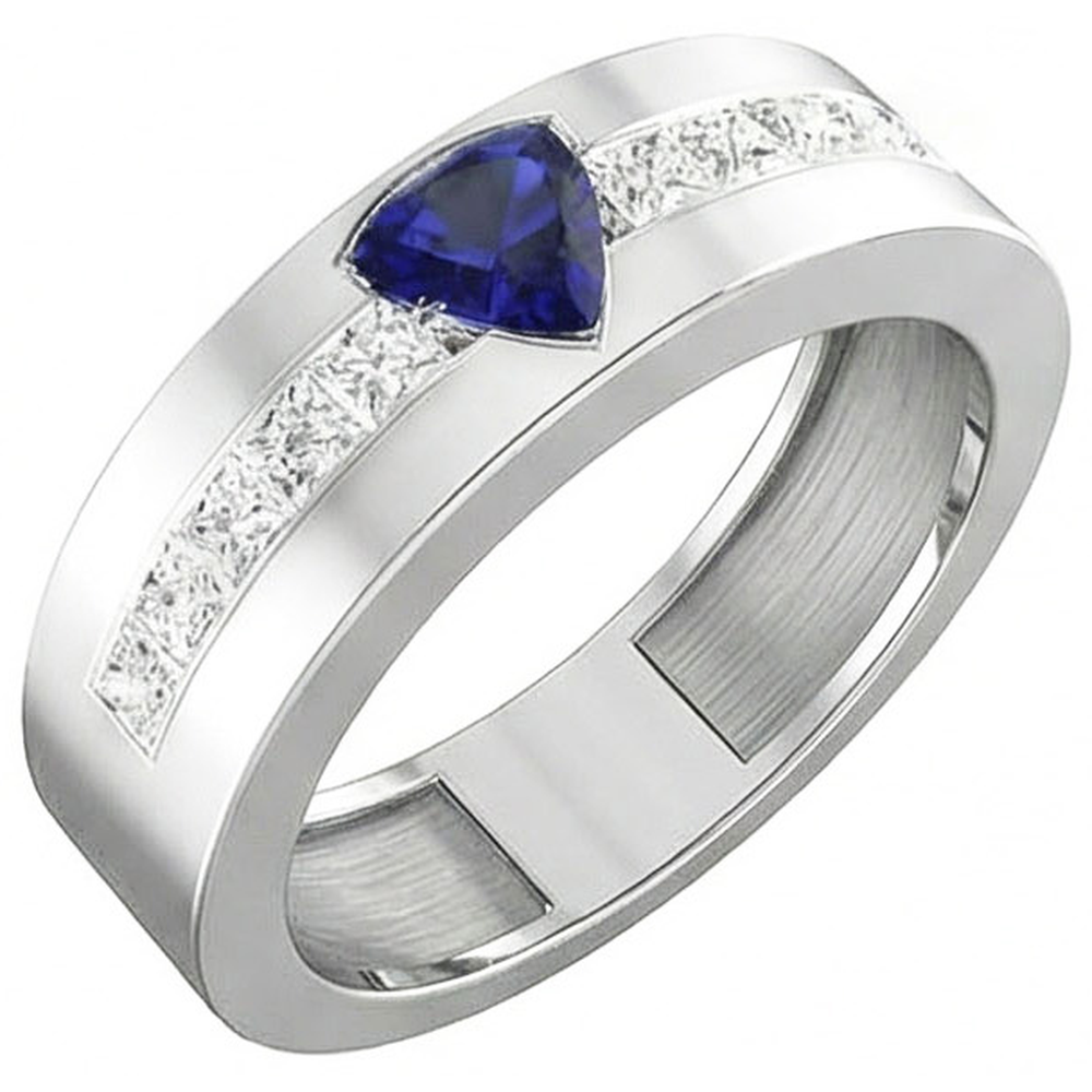 Gold Men's Ring Trillion Sapphire 2 Carats Channel Set Natural Earth Mined Diamonds