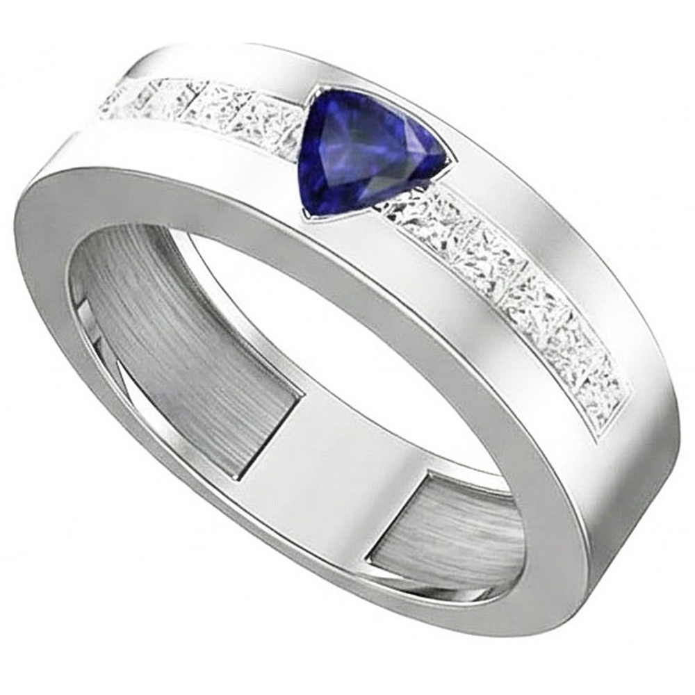 Gold Men's Ring Trillion Sapphire 2 Carats Channel Set Natural Earth Mined Diamonds