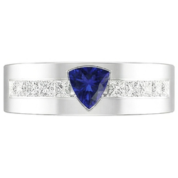 Gold Men's Ring Trillion Sapphire 2 Carats Channel Set Natural Earth Mined Diamonds