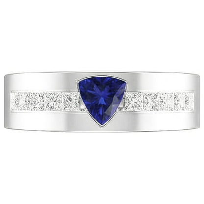 Gold Men's Ring Trillion Sapphire 2 Carats Channel Set Natural Earth Mined Diamonds