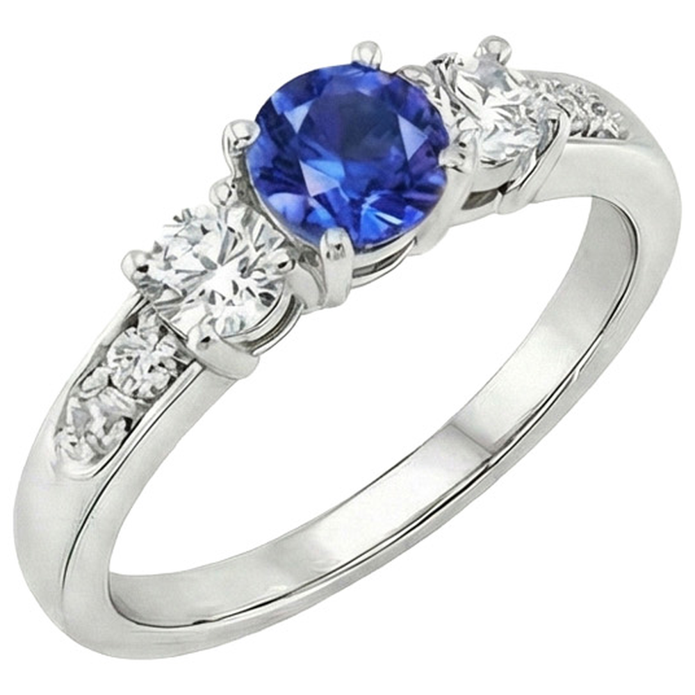 Gold Natural Earth Mined Diamond Anniversary Ring Round Ceylon Sapphire & 2 Carats