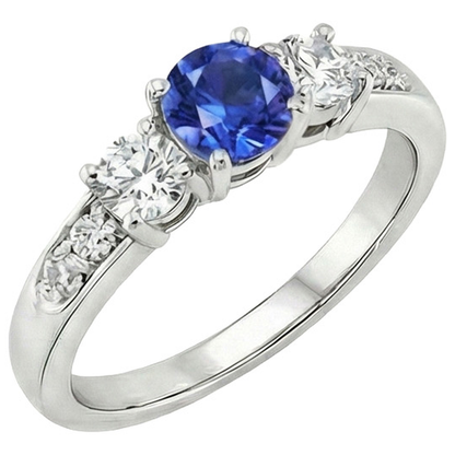 Gold Natural Earth Mined Diamond Anniversary Ring Round Ceylon Sapphire & 2 Carats