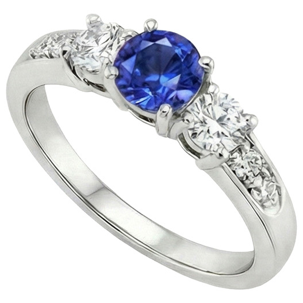 Gold Natural Earth Mined Diamond Anniversary Ring Round Ceylon Sapphire & 2 Carats