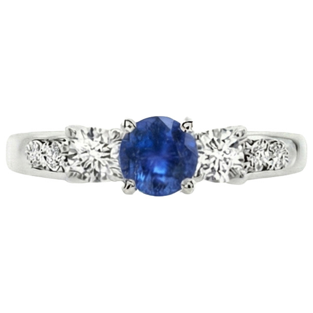 Gold Natural Earth Mined Diamond Anniversary Ring Round Ceylon Sapphire & 2 Carats