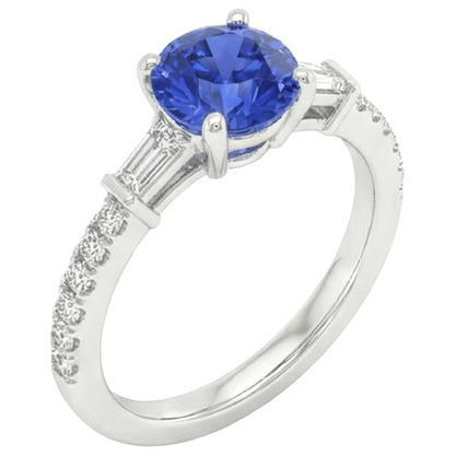 Gold Natural Earth Mined Diamond Engagement Ring Blue Sapphire With Baguettes 3 Carats
