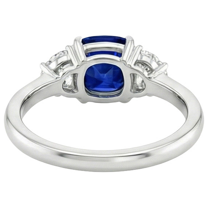 Gold Natural Earth Mined Diamond Half Moon & Cushion Ceylon Sapphire 3 Stone Ring 3 Carats