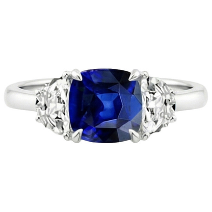 Gold Natural Earth Mined Diamond Half Moon & Cushion Ceylon Sapphire 3 Stone Ring 3 Carats
