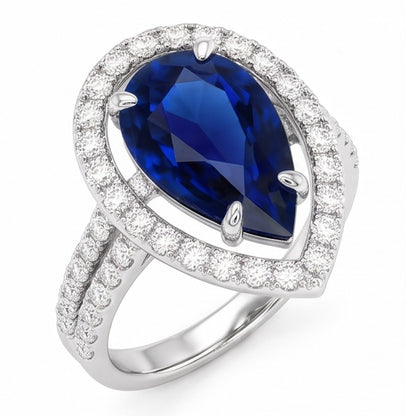 Gold Natural Earth Mined Diamond Halo Wedding Ring Set Pear Blue Sapphire Center 4 Carats