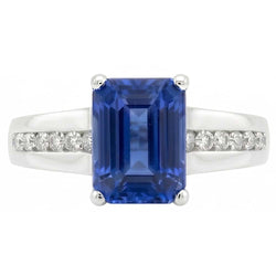 Gold Natural Earth Mined Diamond Jewelry Emerald Cut Blue Sapphire Ring 3 Carats Prong Set