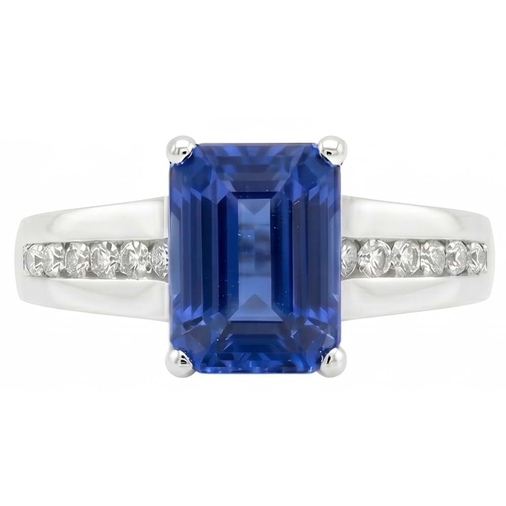 Gold Natural Earth Mined Diamond Jewelry Emerald Cut Blue Sapphire Ring 3 Carats Prong Set