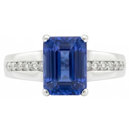 Gold Natural Earth Mined Diamond Jewelry Emerald Cut Blue Sapphire Ring 3 Carats Prong Set