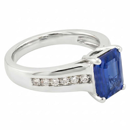 Gold Natural Earth Mined Diamond Jewelry Emerald Cut Blue Sapphire Ring 3 Carats Prong Set