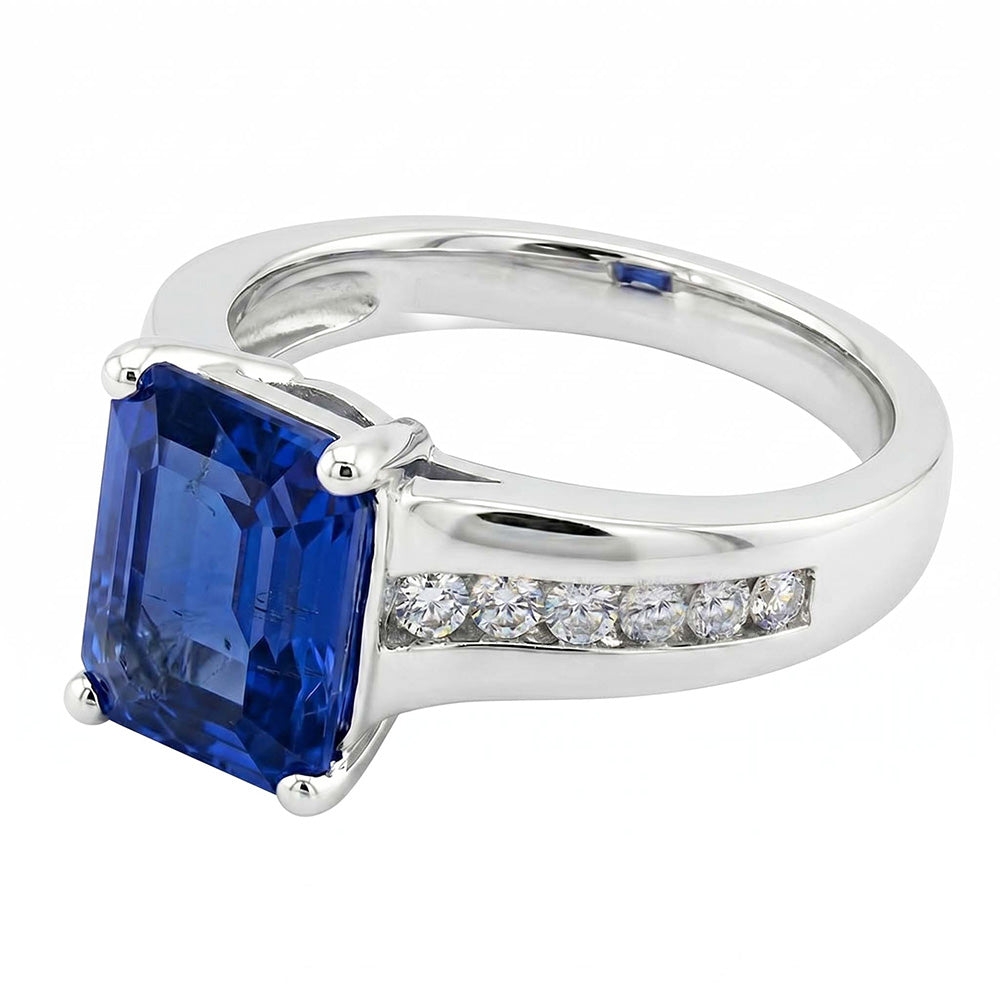 Gold Natural Earth Mined Diamond Jewelry Emerald Cut Blue Sapphire Ring 3 Carats Prong Set