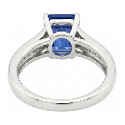 Gold Natural Earth Mined Diamond Jewelry Emerald Cut Blue Sapphire Ring 3 Carats Prong Set