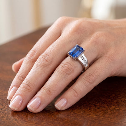 Gold Natural Earth Mined Diamond Jewelry Emerald Cut Blue Sapphire Ring 3 Carats Prong Set