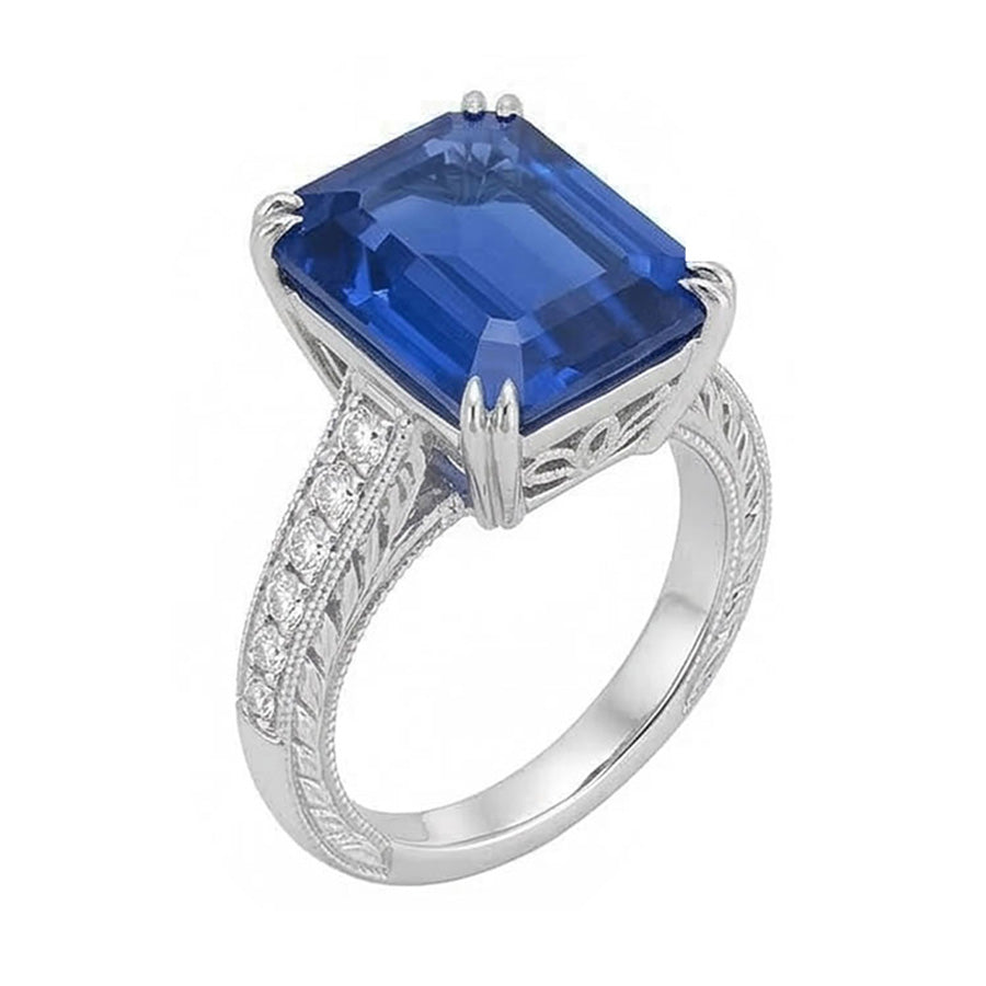 Gold Natural Earth Mined Diamond Jewelry Prong Set Blue Sapphire Ring 5 Carats Milgrain