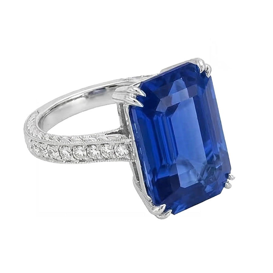 Gold Natural Earth Mined Diamond Jewelry Prong Set Blue Sapphire Ring 5 Carats Milgrain