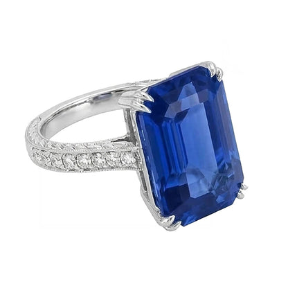 Gold Natural Earth Mined Diamond Jewelry Prong Set Blue Sapphire Ring 5 Carats Milgrain