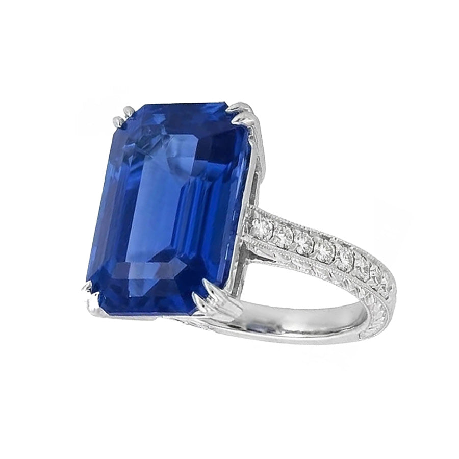 Gold Natural Earth Mined Diamond Jewelry Prong Set Blue Sapphire Ring 5 Carats Milgrain